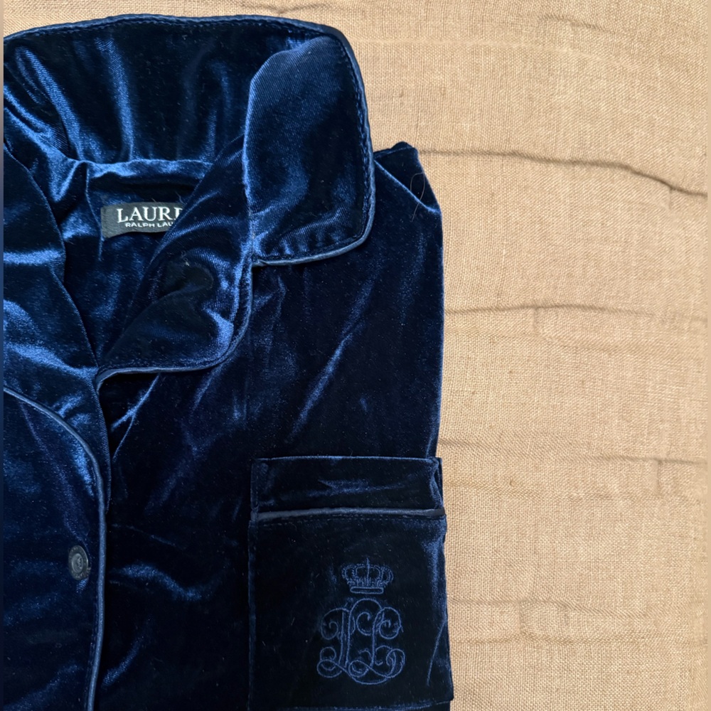 Lauren Ralph Lauren Sz L Blue Navy Velvet Notched Collar 2 Piece Pajama Set